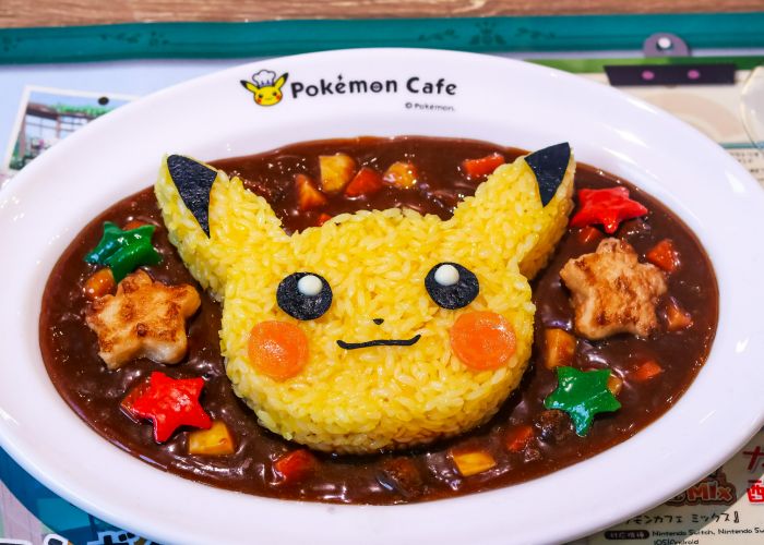 A Pikachu curry at the Pokemon cafe, with the rice in the middle shaped into a Pikachu face.